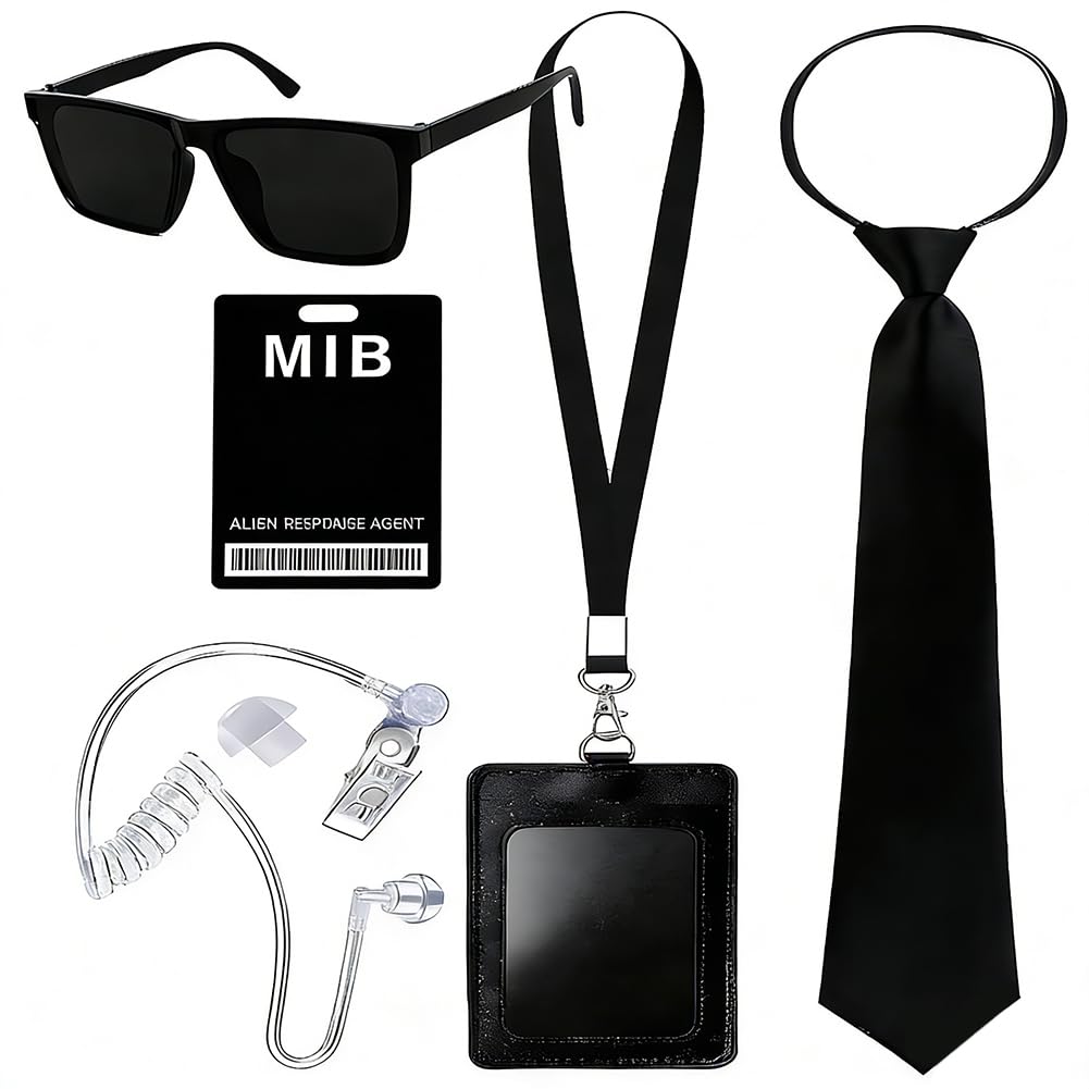 JynkChrenzic 6PCS Agent Costume Accessories,Men in Black Costume with ID Card Fake Earpiece Zip Tie Black Frame Sunglasses,Mib Outfit Accessories for Secret Guard Fancy Dress Kit