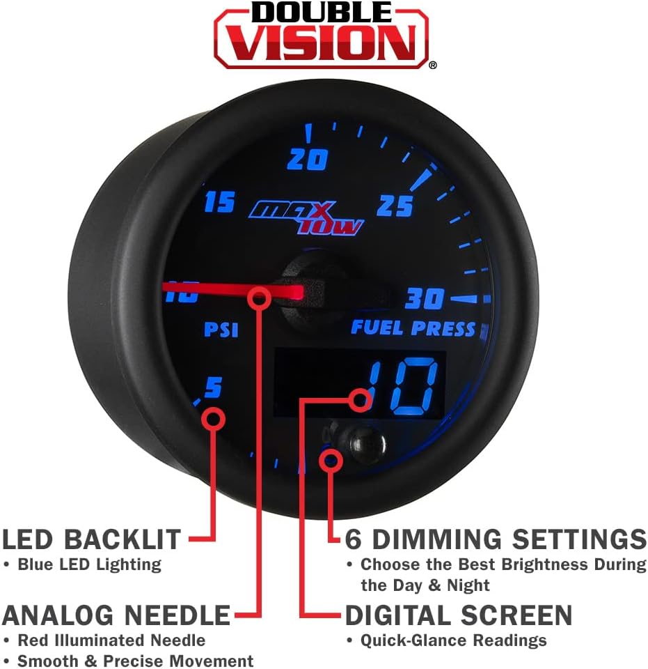 MaxTow Double Vision 30 PSI Fuel Pressure Gauge Kit - Includes Electronic Sensor - Black Gauge Face - Blue LED Illuminated Dial - Analog & Digital Readouts - for Diesel Trucks - 2-1/16" 52mm