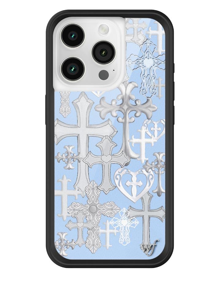 Wildflower Cases - Cross Girl Case, Compatible with Apple iPhone 15 Pro | Trendy, Cute, Goth, Blue, Silver Crosses - Protective Black Bumper, 4ft Drop Test Certified, Women Owned Small Business