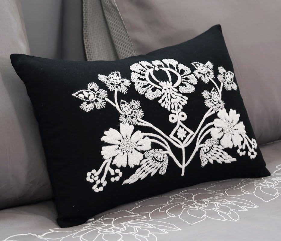 Hand-Beaded and Embroidered Cushion, Black with White Floral Design, Cotton Canvas, 12x18 Inch Lumbar, Hidden Zipper, Contemporary Monochrome Style-image-24