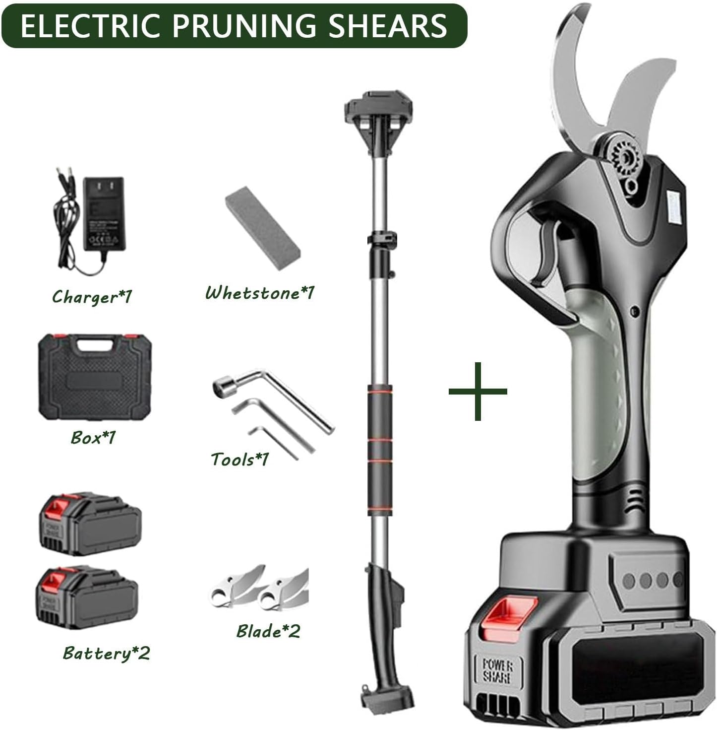 Cordless Electric Pruning Shears with 50mm Blade, 2×4.5Ah Battery, Adjustable 4.3-6.9 Ft Pole, Digital Display, Long Reach Garden Branch Scissors for Effortless Trimming