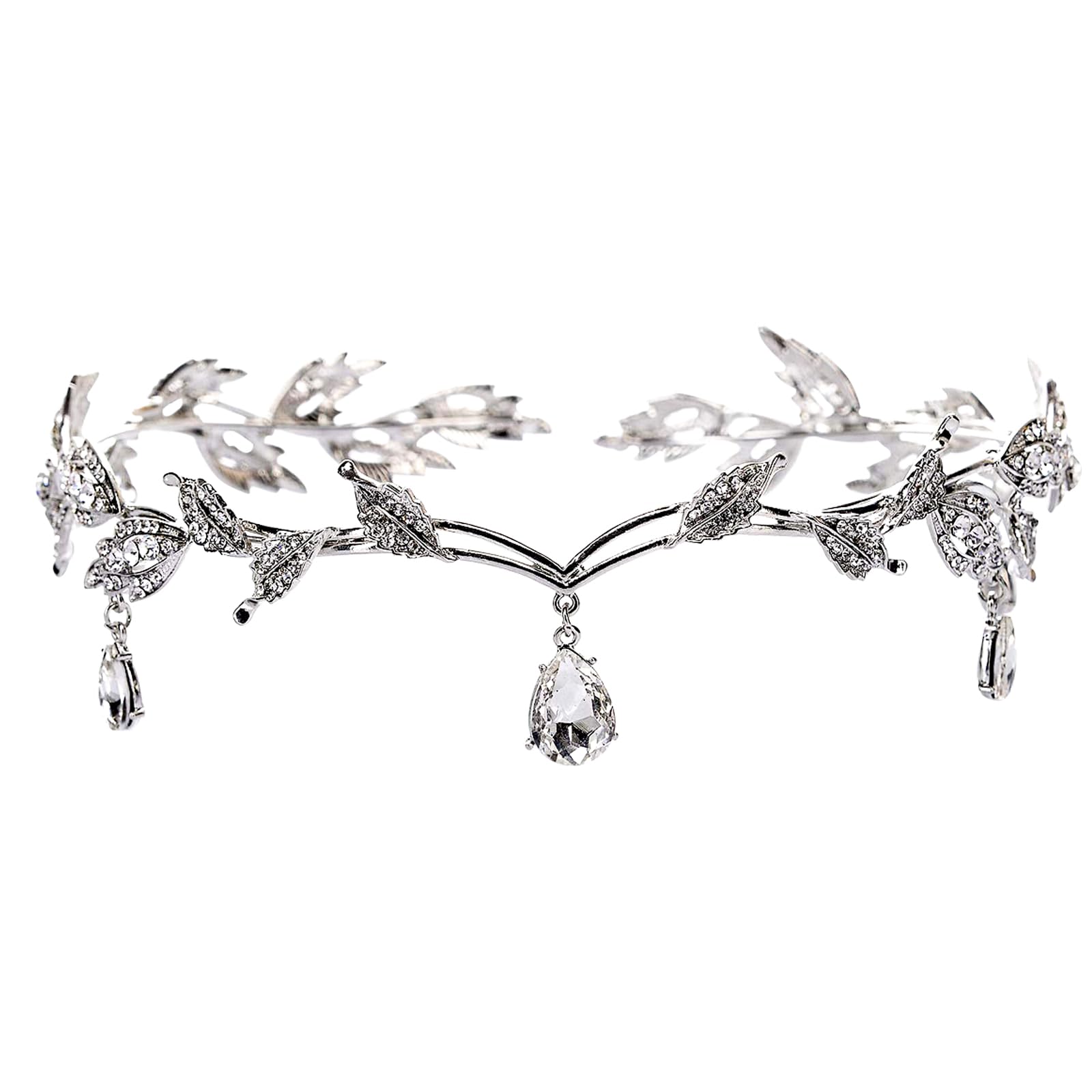 Elegant Rhinestone Leaf Wedding Silver Tiaras and Crowns Crystal Pendent Tiara Headband for Bride Bridesmaid Birthday Crown Cosplay Accessories for Women