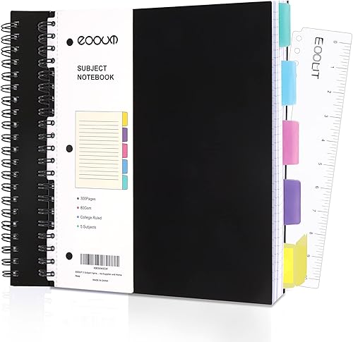 EOOUT 2 cuadernos en espiral de 5 materias con pestañas, 8.5 x 11 pulgadas, cuadernos para trabajo, 3 agujeros perforados con 5 separadores de