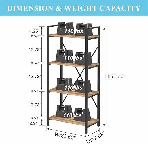 Miniatura 2 de BON AUGURE Estantería industrial de 4 niveles, moderna estantería abierta Etagere, estantes de libros resistentes, estantería de metal de madera
