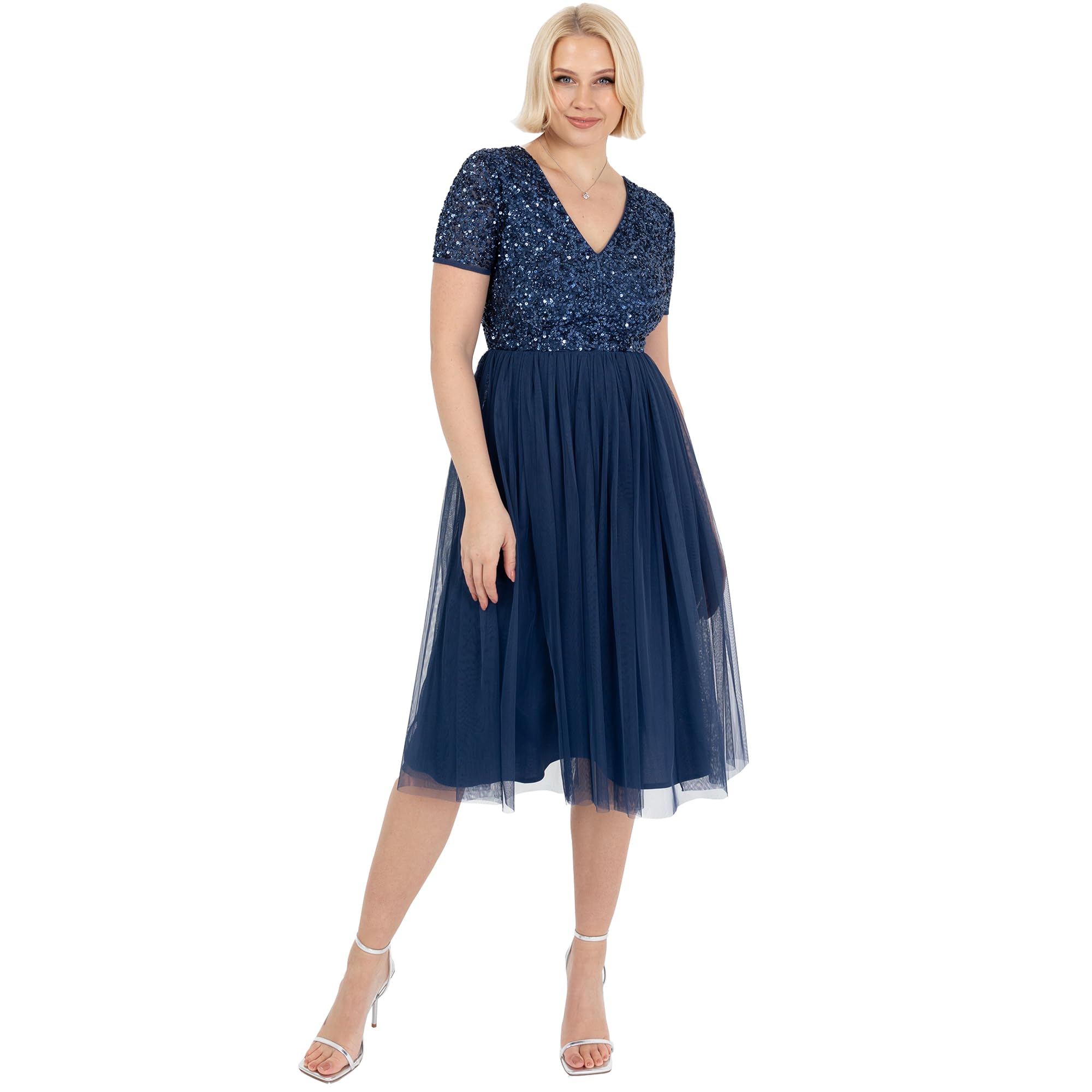Maya Deluxe Damen Maya Deluxe Embellished Midi Evening Dress for Women Ladies V Neckline with Short Sleeve for Prom Wedding Brautjungfernkleid, French Navy,