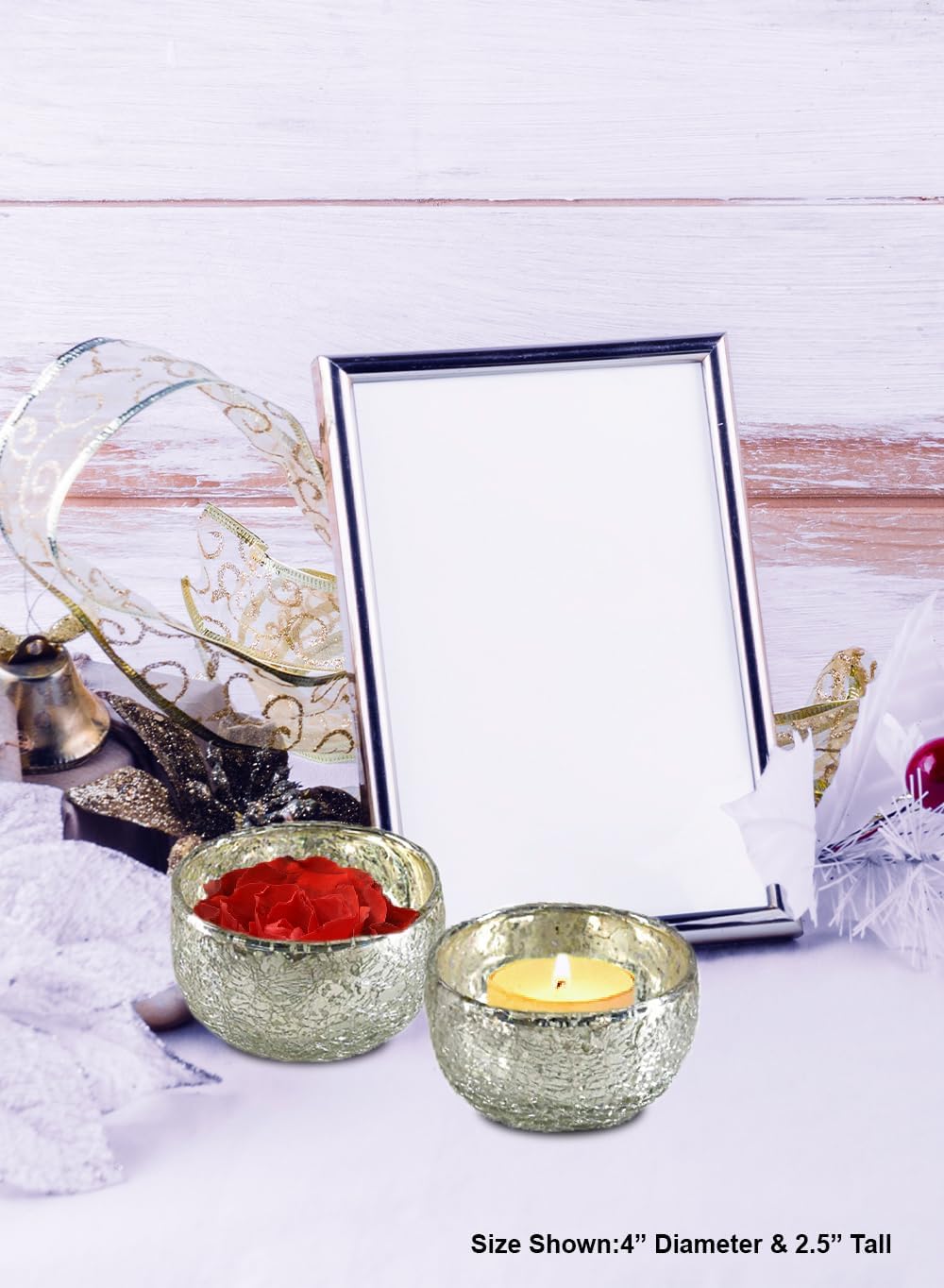 Serene Spaces Living Liora Antique Silver Mini Bowl – Mercury Glass Tealight Holder & Decorative Accent for Weddings, Events & Home Décor, 4" Diameter & 2.5" Tall, Pack of 4