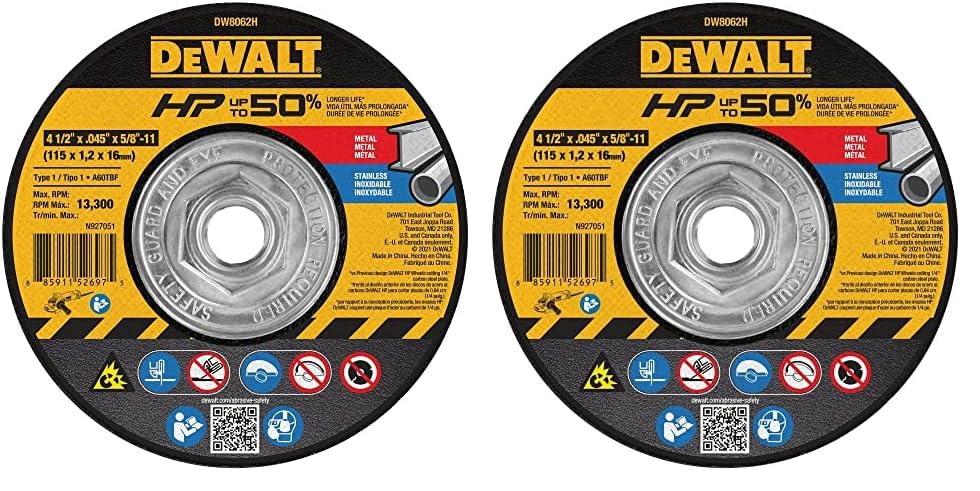 DEWALT DW8062H Rueda de corte tipo 1 de 4-12" x 0.045" x 58"-11 HP (paquete de 2)