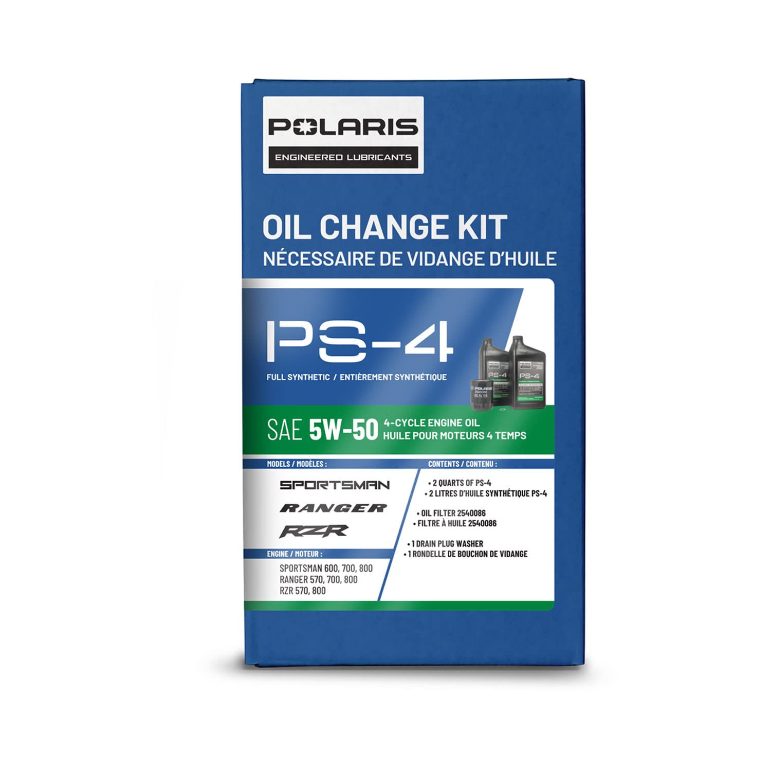 Polaris PS4 Oil Change Kit for Specific RANGER, RZR, Sportsman, ACE 570 Models With 4 Stroke Engine, Includes 2 Quarts of PS-4 5W-50 Full Synthetic Oil, 1 Oil Filter, 1 Washer, UTV SxS ATV - 2202166