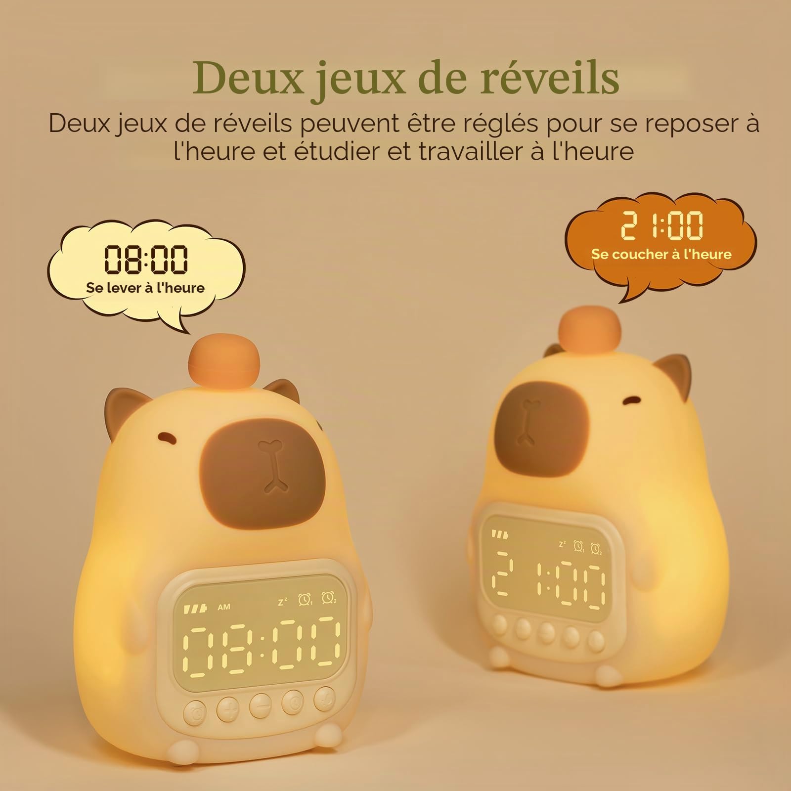 Yiliaw Capybara Réveil avec veilleuse pour enfants, 7 couleurs RVB - Réveil mignon pour chambre à coucher, réveil - Lampe de table en silicone en forme d'animal pour adolescents, filles, garçons