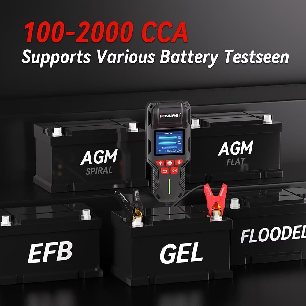KONNWEI KW700 12V/24V Autobatterie Tester mit Drucker, Digitales Batterie-Analysegerät für PKW, LKW, Motorrad, AGM/GEL/EFB/Lithium Batterien,CCA/EN/DIN Normen, Start-Stopp,Lade- & Startsystem Diagnose