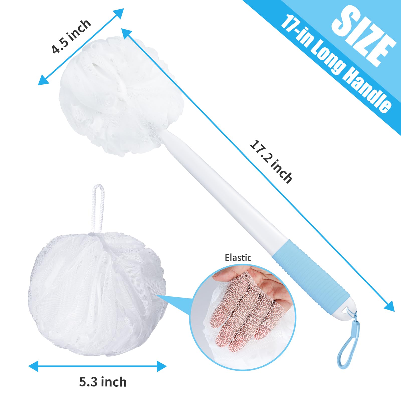 VANZAVANZU Loofah zestaw gąbek do pleców pod prysznic, antypoślizgowy plastikowy uchwyt 43 cm, luffa na patyku z puszystą gąbką prysznicową, miękka siateczka, luffa prysznicowa, biała z niebieskim