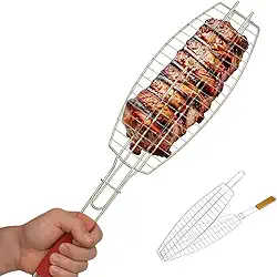 Grelha Dupla de Churrasco, Inox Abre e Fecha, para Peixes Carnes, Grande com Cabo de Madeira