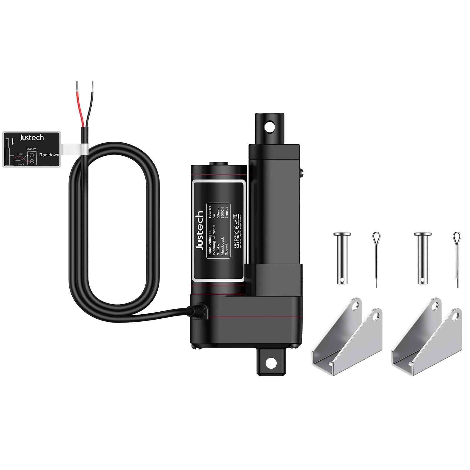 Justech Actionneur Linéaire 50mm 3000N/660LBS IP65 5mm/s Moteur Actionneurs Moteur Linéaire Actionneur Variable dB≦50 Ouvre-Porte Vérin de Levage 12V DC avec Moteur électrique CE et RoHS