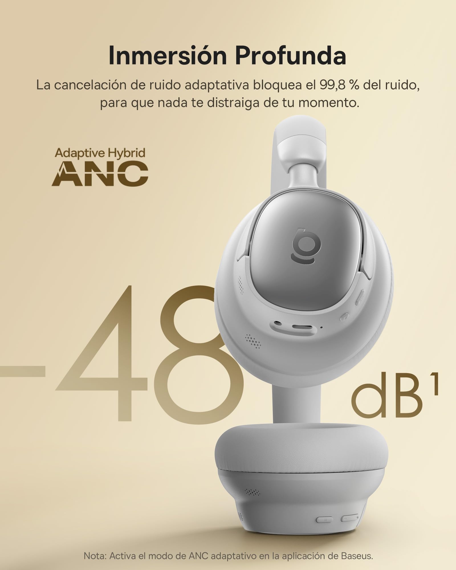 Baseus MH1 Auriculares Bluetooth, Cancelación de Ruido de Alta eficacia de hasta -48 dB, Diadema monolítica con Hi-Res y LDAC, 80 Horas de reproducción, CloudComfort Soft - Gris Claro
