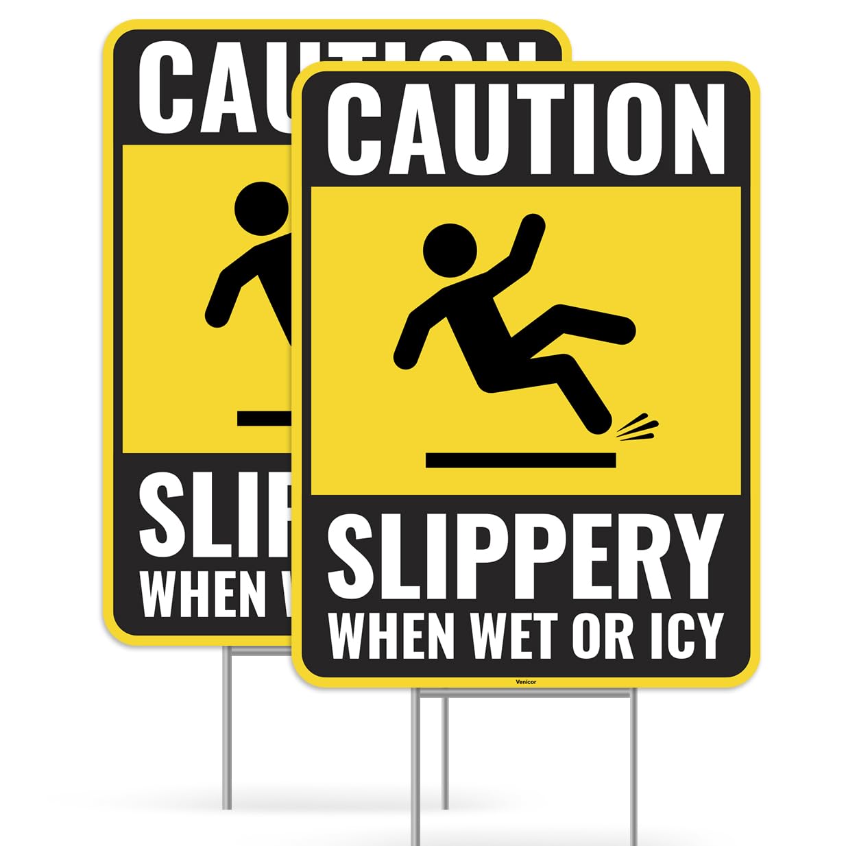 Venicor 2PC Slippery When Wet Or Icy Sign with Metal Stakes