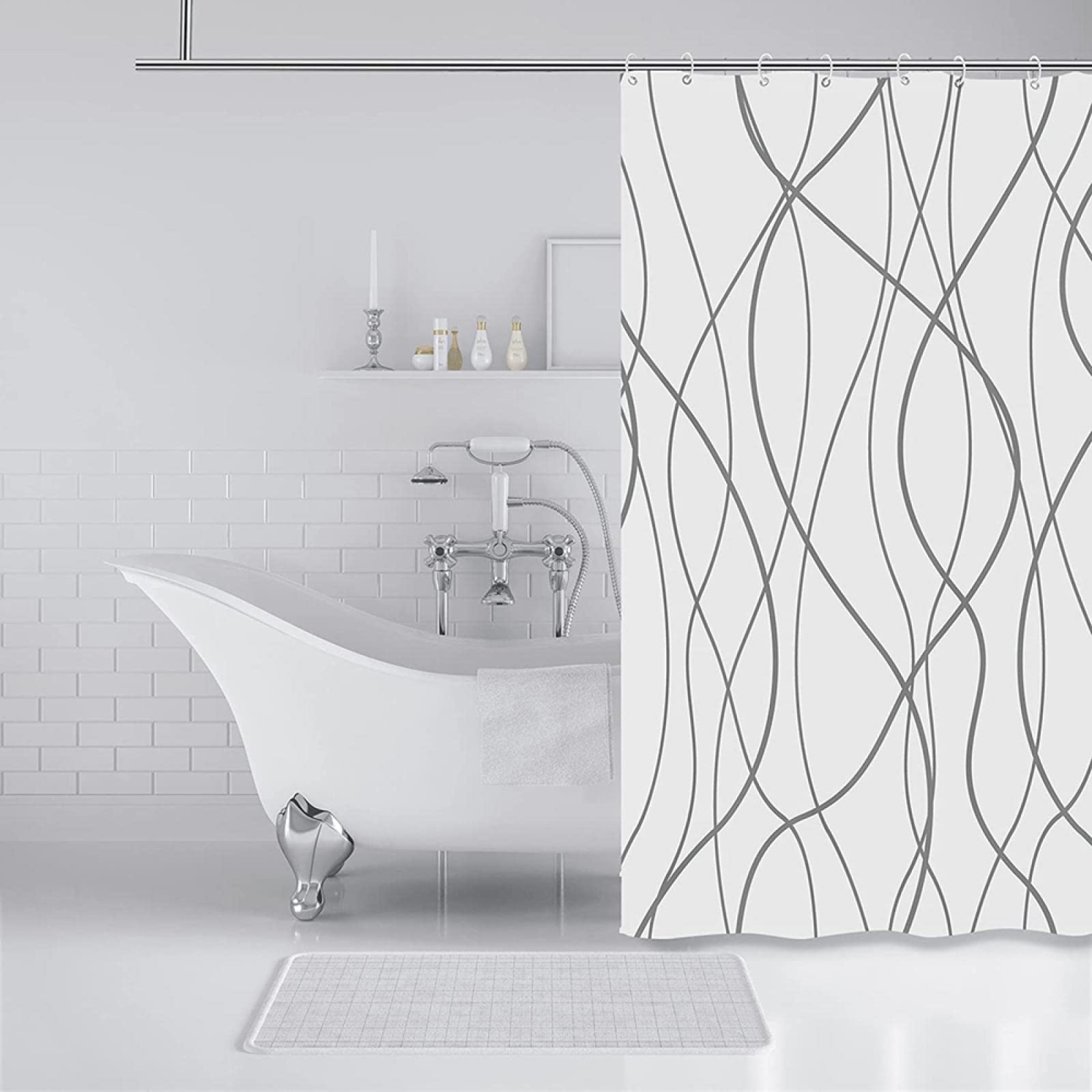 Cortina de Ducha de Tela con Rayas Grises y Blancas, Impermeable, de poliéster, para baño, Decorativa con Gancho de plástico, 300x180cm(118" Wx71H)
