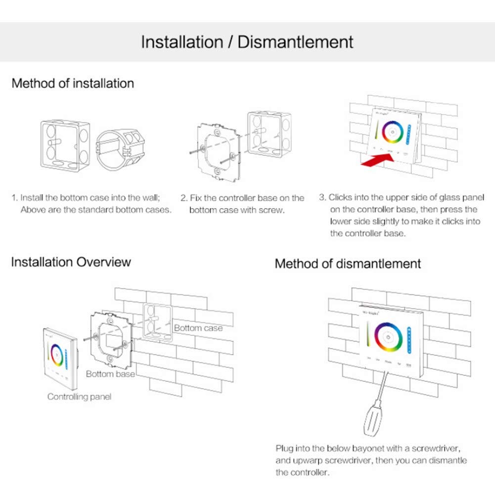 Zerodis Controlador de pared táctil montado en la pared para RGB/RGBW/RGB + CCT Cambio de color de la tira de luz LED con DC 12-24V