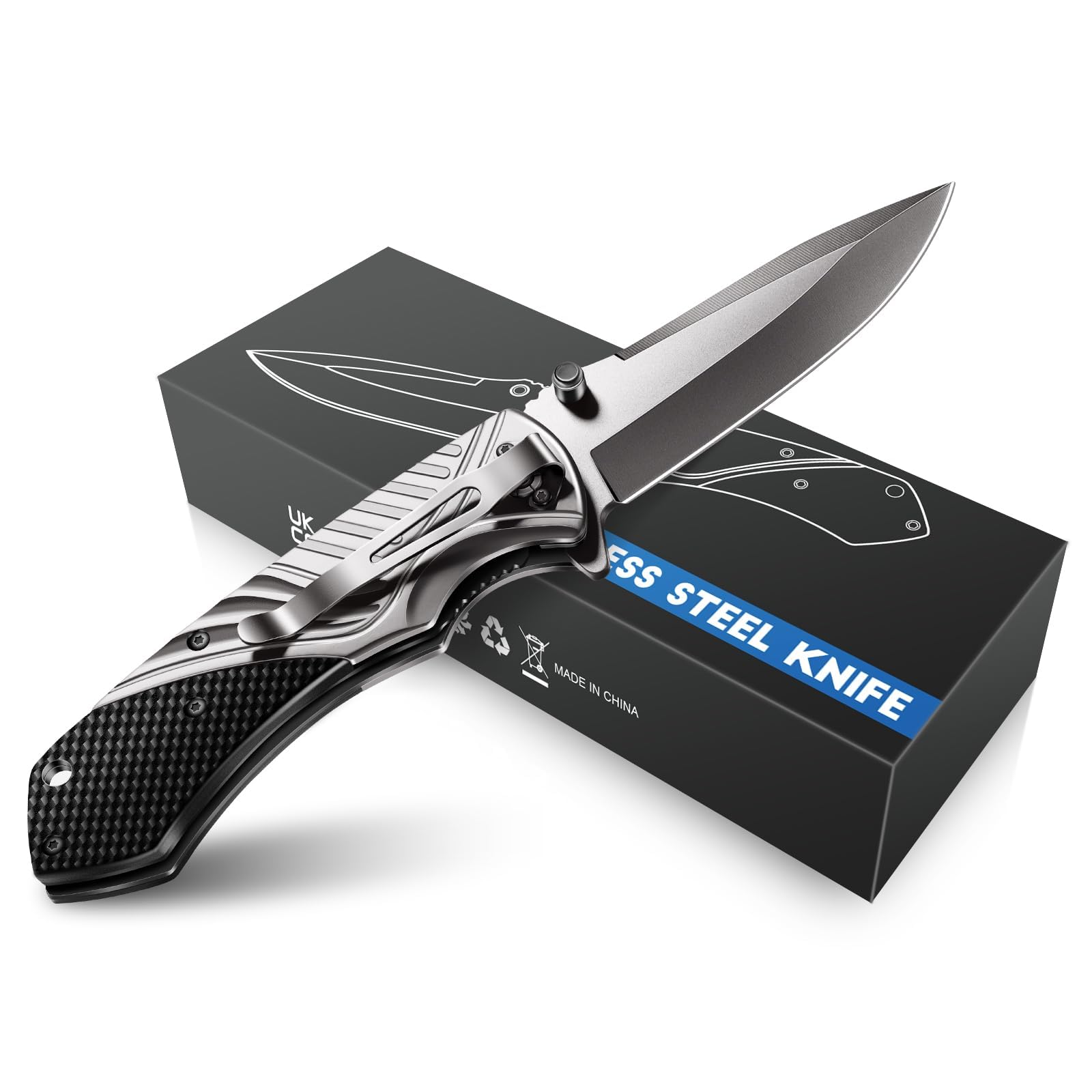 ISEYOU Coltello da Caccia, Lama in Acciaio Inossidabile 3Cr13 con Rivestimento in Titanio, Portatile Clip per Tasca, Multifunzione - Regalo Perfetto