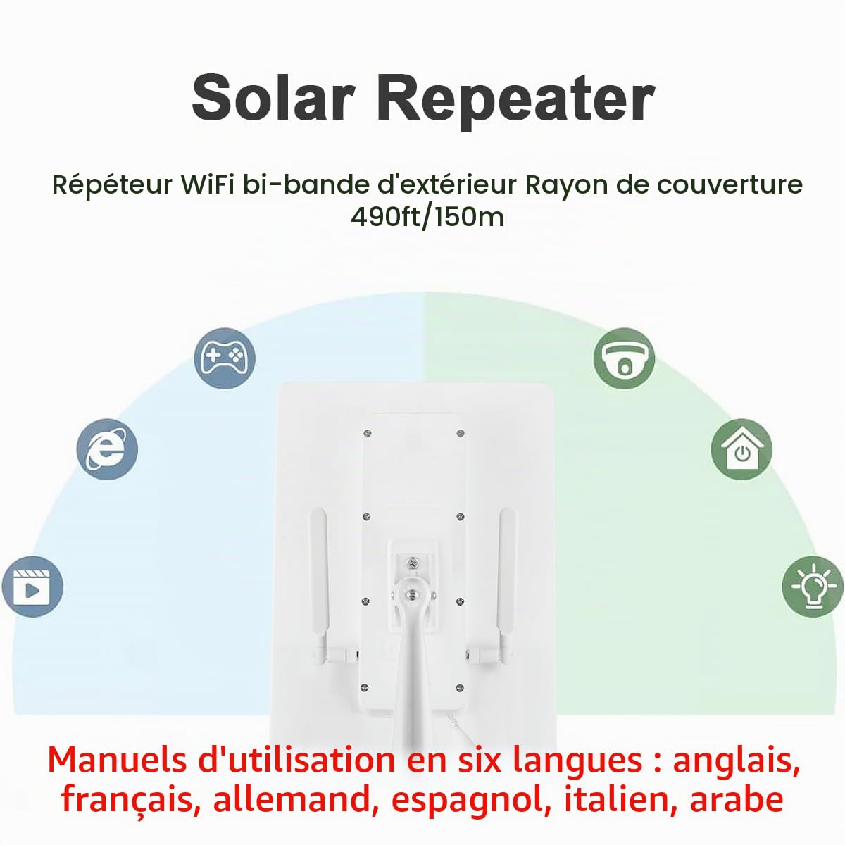Amplificateur/amplificateur de Signal WiFi Double Bande extérieur pour routeur 2,4GHz, répéteur WiFi,300Mbps,Rayon de Couverture jusqu'à 490 pieds/150mètres,Panneau Solaire 15W/5V,20000mAh IP65 ét