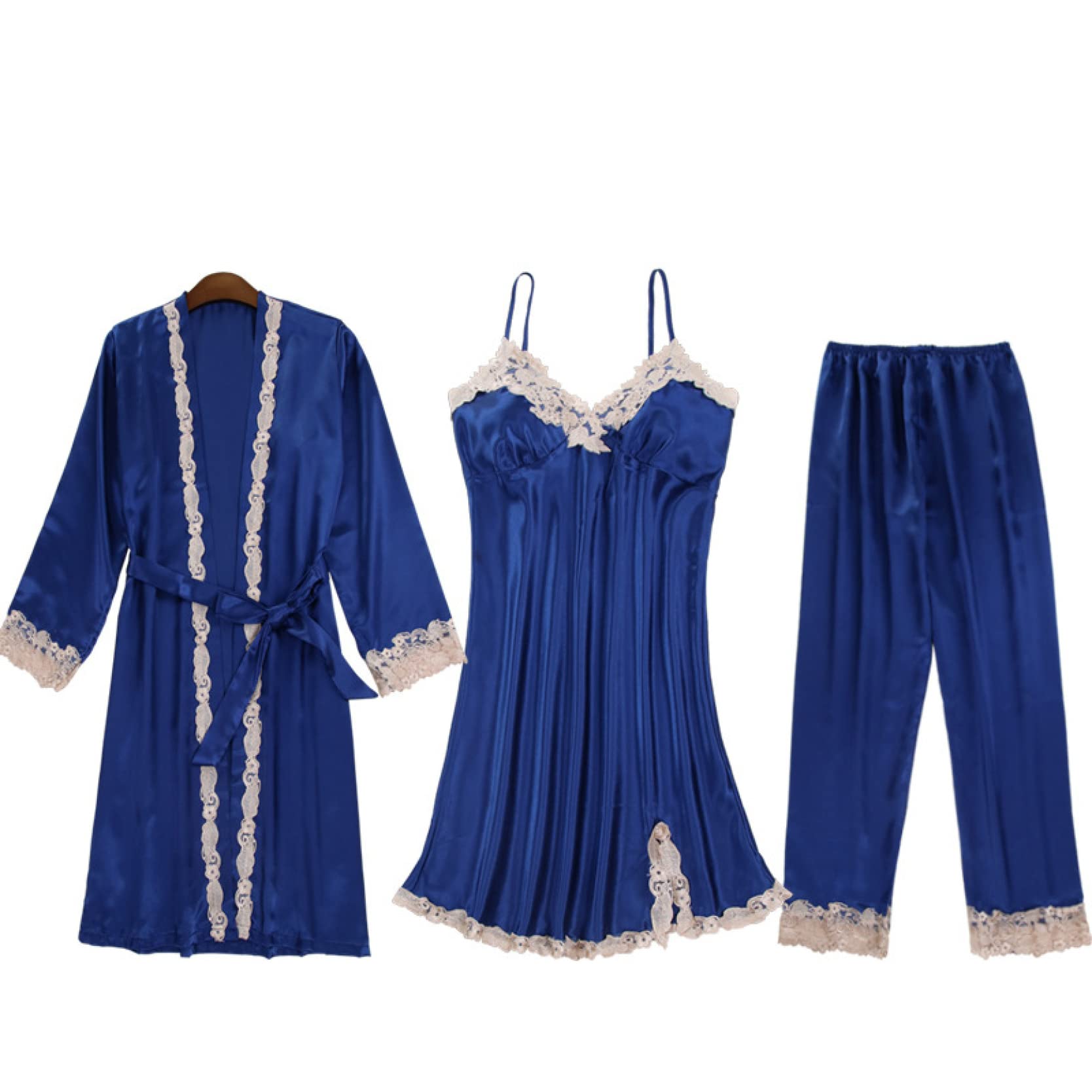 CFWSHJ Conjunto de Pijama de Mujer Ropa de Dormir Ligera de Manga Larga Camisones de satén de Seda Ropa de Dormir de Encaje Sexy Otoño Invierno X Azul Marino 5 Piezas-x (Azul Marino 3 Piezas M)