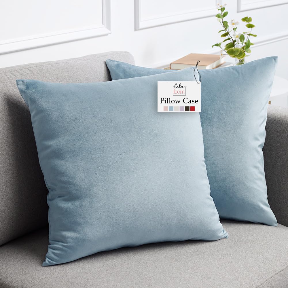 lalaLOOM Velvet Throw Pillow Covers (Set of 2, 16x16 Inches) — Decorative Square Pillows Home Decor, Soft Accent Cases, Silky Machine Washable Pillowcases for Sofa, Couch, Bedroom, Living Room (Light Blue)