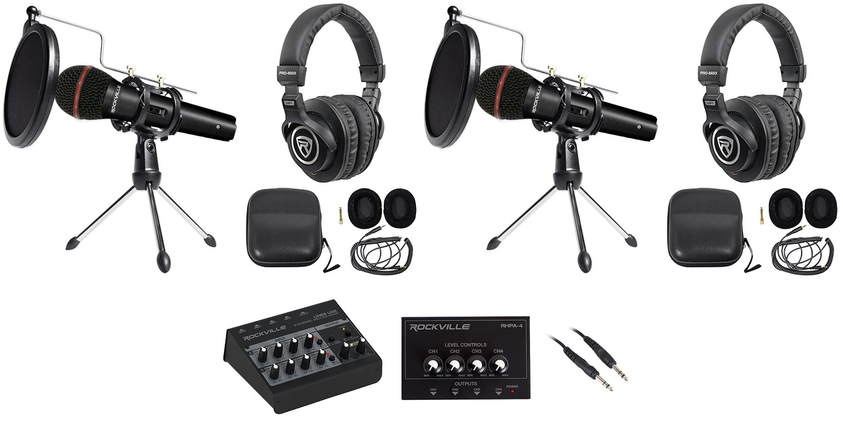 Rockville Bundle: LINE8 USB 8-Ch Mic/Line Mixer Bundle with (2) Handheld Wired Microphone, (2) Tripod Microphone Stand, (2) Studio Headphones, Headphone Amplifier & 1/4'' TRS Balanced Cable (9 Items)