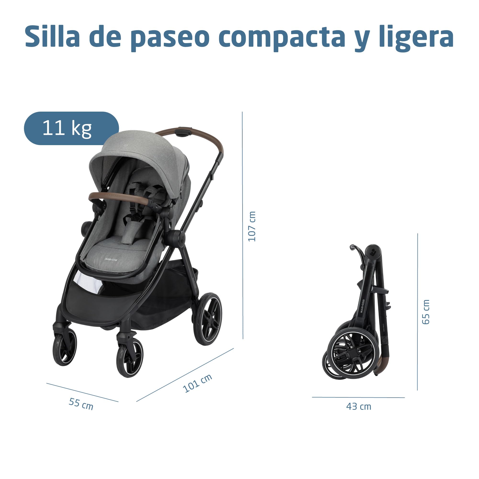 Maxi Cosi Zelia Select+,Cochecito Bebé 3 en 1 con Silla de Coche y Capazo Reversible, 0-4 Años (0-22 kg), Sistema de Viaje con Cochecito Plegado con una Mano, Silla Coche Bebé CabrioFix S i-Size, Gris