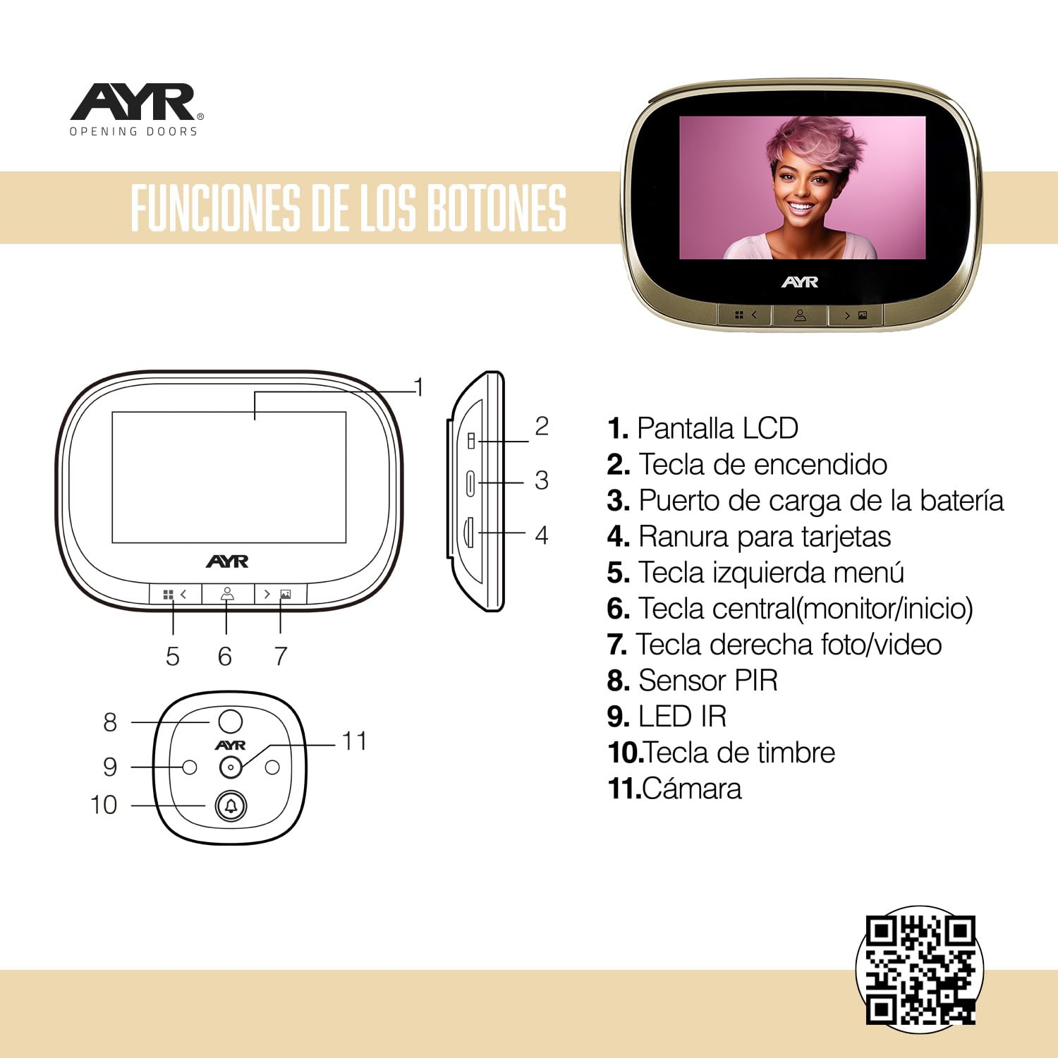 AYR Mirilla Digital de Puerta con Gran Pantalla a Color de 4,3". Cámara con Infrarrojos y visión Nocturna, PIR; detección de Movimiento. Batería Recargable. Modelo 764.
