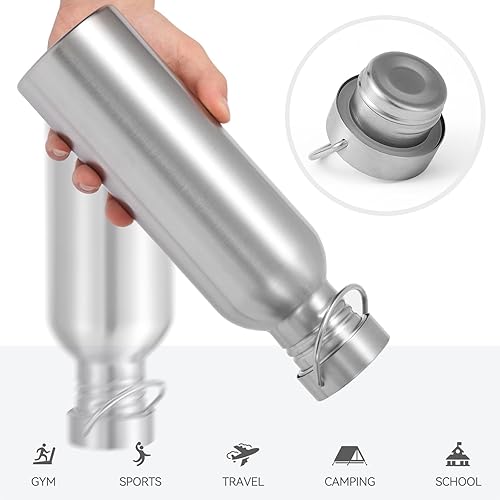 Miniatura 5 de Volhoply Paquete de 4 botellas de agua de acero inoxidable reutilizables de pared única sin aislar de 26 oz, botellas de agua con asa, libres de BPA