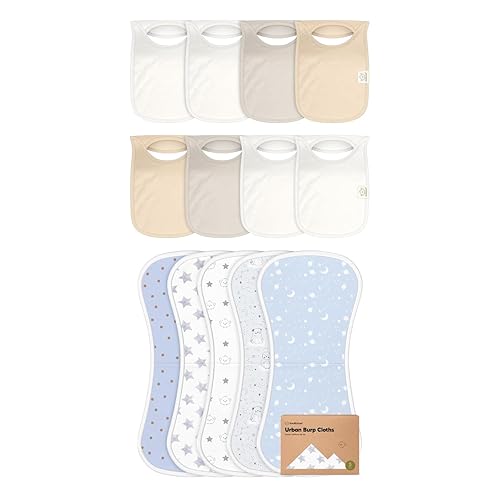 KeaBabies 8-Pack Baby Bibs for Boys, Girls and 5-Pack Burp Cloths for Baby Boys and Girls - Pull-on Drool Catcher for Teething Infant - Ultra