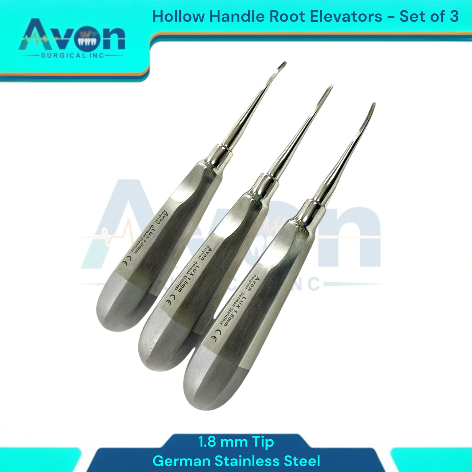 Feline Luxating Root Elevator Set of 3 Elevators - Standard Handle, Hollow - 1.8mm Tips, Curved & Straight - German Stainless Steel Animal Tooth Extraction Tool