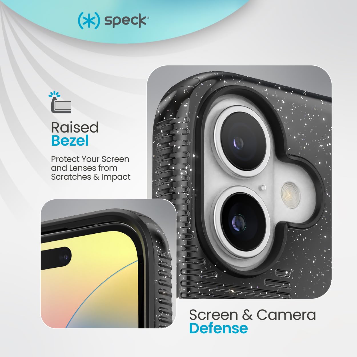 Speck CandyShell Schutzhülle für iPhone 16 – iPhone 16 Hülle für Damen und Herren – griffige Schutzhülle für iPhone 16, schlanke MagSafe-Hülle, schwarzer Glitzer/Stahlschwarz