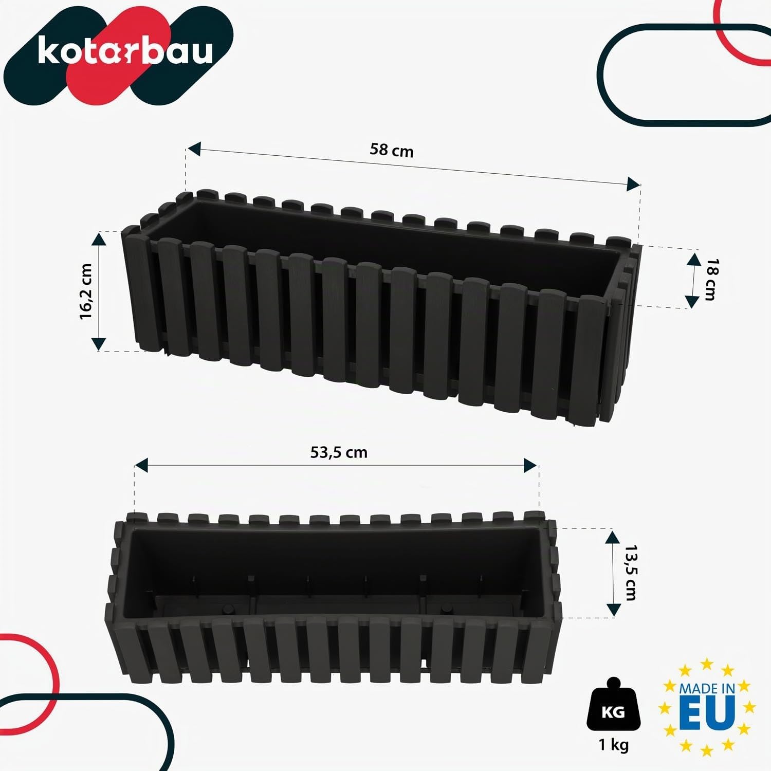 KOTARBAU® 4er Set Blumenkasten - Blumentopf - 58x18x16 cm - Grau - Kunststoff - Pflanzkasten - Balkonkasten - Pflanzkübel Rechteckig - Übertopf Groß - Blumenkasten Balkon