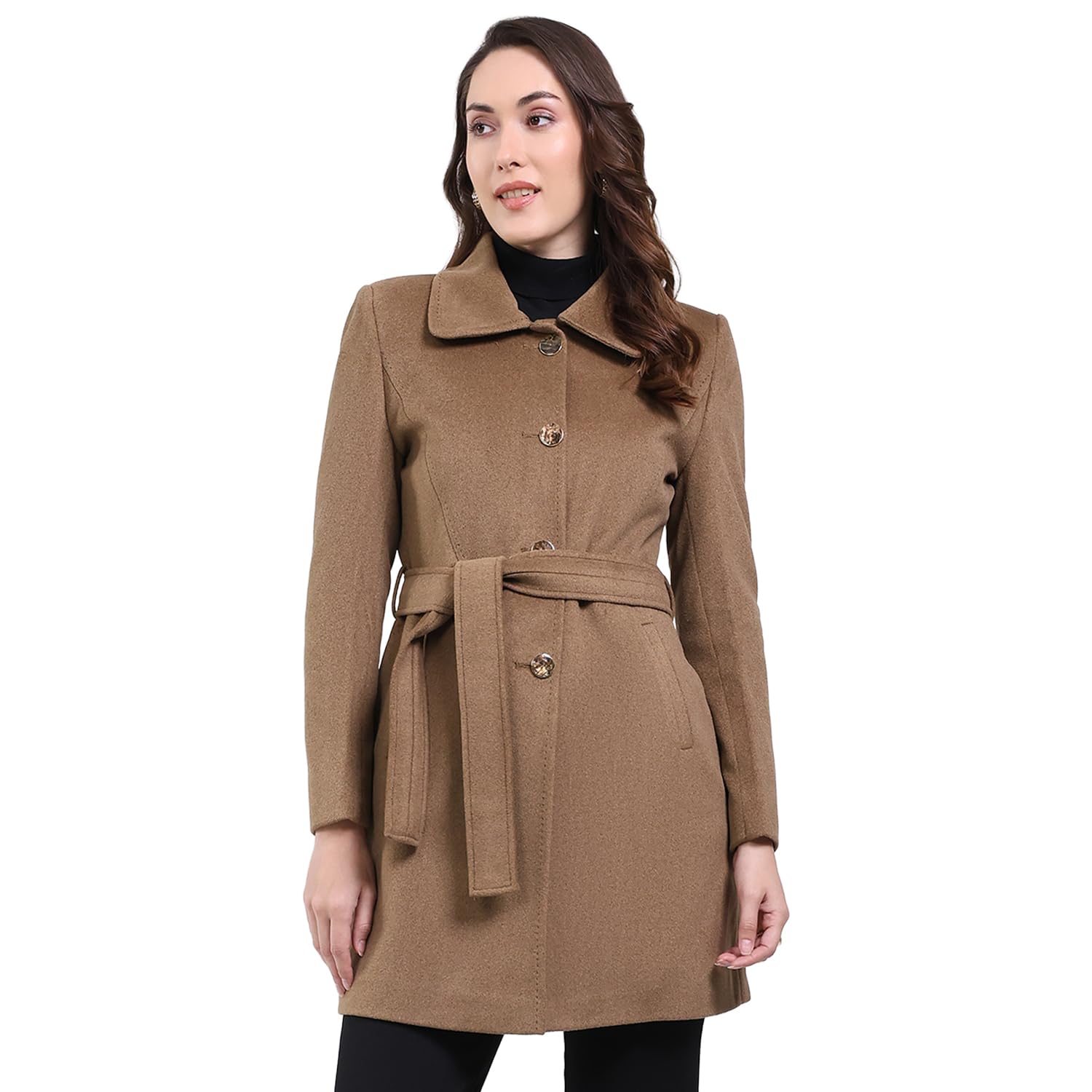 monte carlo Women Regular Fit Solid Collar Neck Side Pocket Button Closure Full Sleeve Winter Coat| Warm Woolen Overcoat for Ladies | Stylish Long Sleeve Buttoned Jacket (Pack Of 1)-picture-31