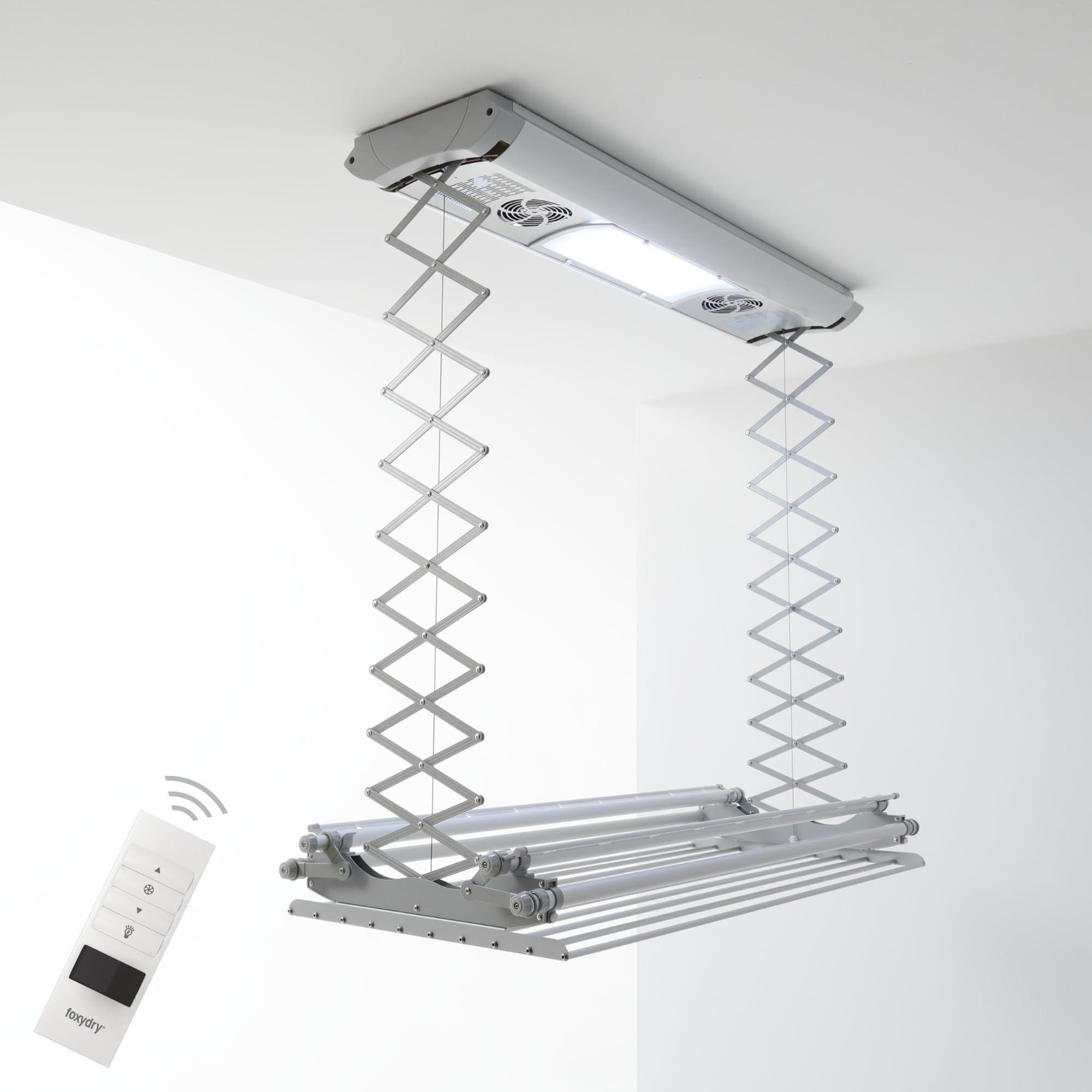 Foxydry Air, elektrischer, Ferngesteuerter, deckenwäschetrockner, 160 cm | platzsparend, aus aluminium, motorisiert, ausziehbar, geeignet für bettwäsche, trägt 35 kg, grau