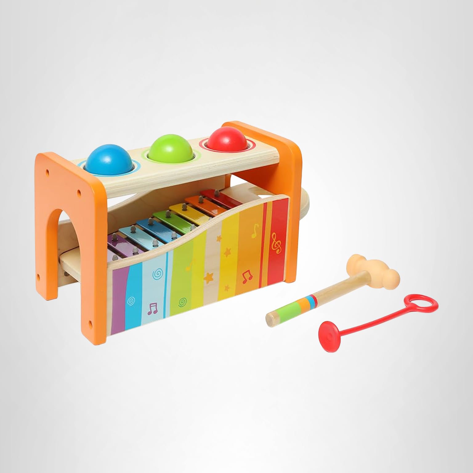 Hape wooden pounding bench with colorful balls, hammer and slide-out xylophone