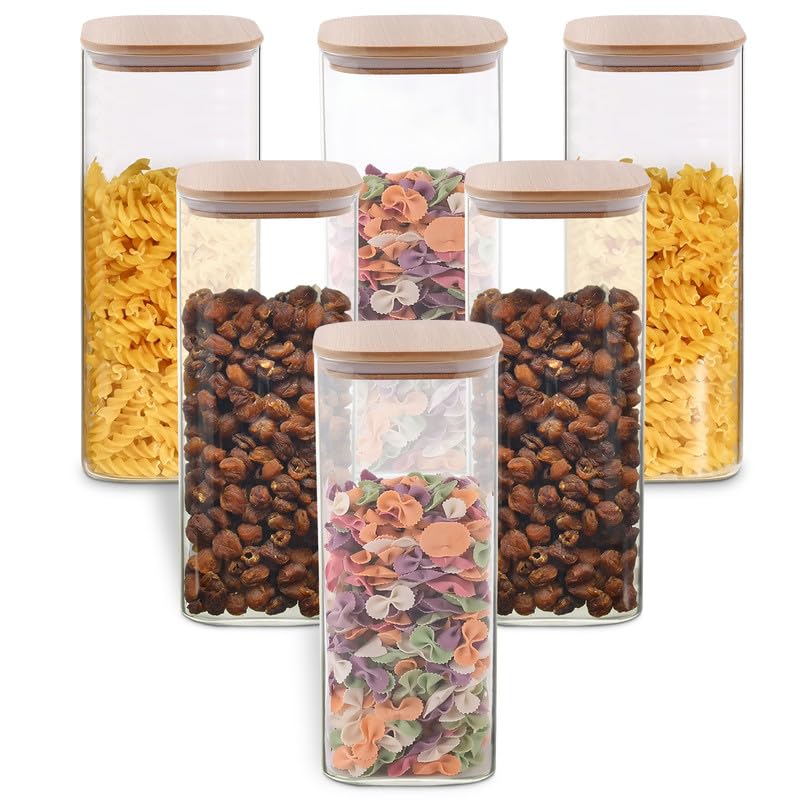 Image of Allo 1000ML Kitchen Storage Box Glass Jars With Wooden Lids - Borosilicate Glass Food Storage Containers Airtight Glass Jar For Tea, Coffee, Spice, Pulses, Masala (Square Glass Jar - Set of 6)