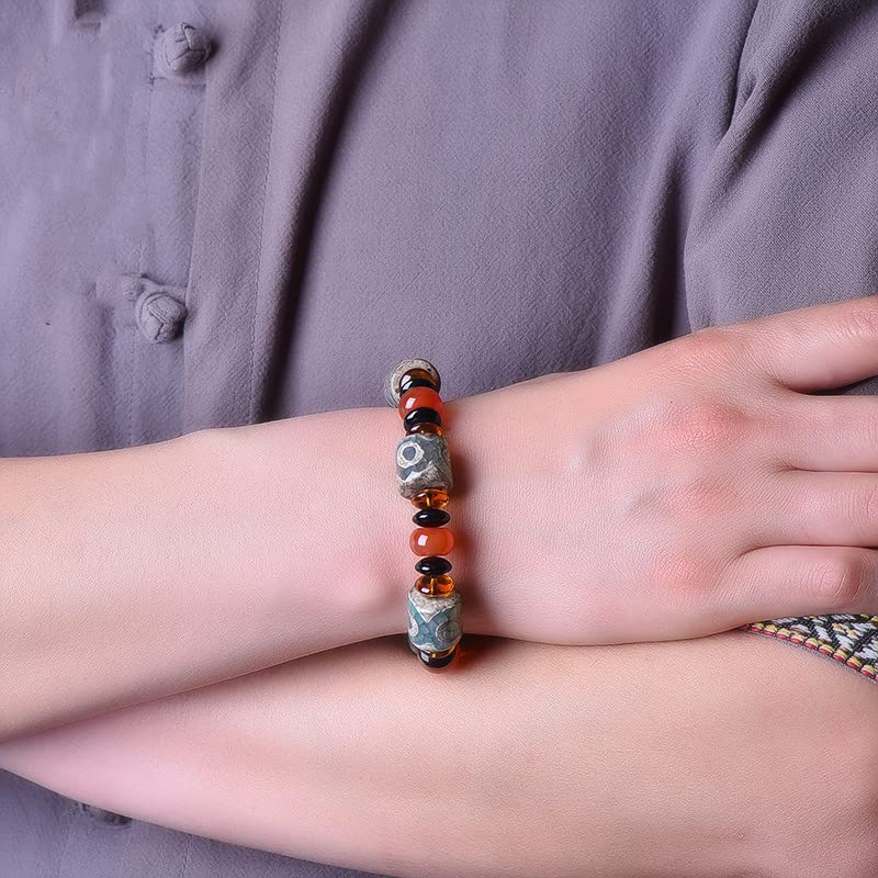 Pulsera Pulsera de cuentas Dzi de estilo tibetano, pulsera de Feng Shui, pulsera de cuentas de ágata natural, pulsera de amuleto, atraer riqueza, dinero y buena suerte, brazalete de pareja, regalo de