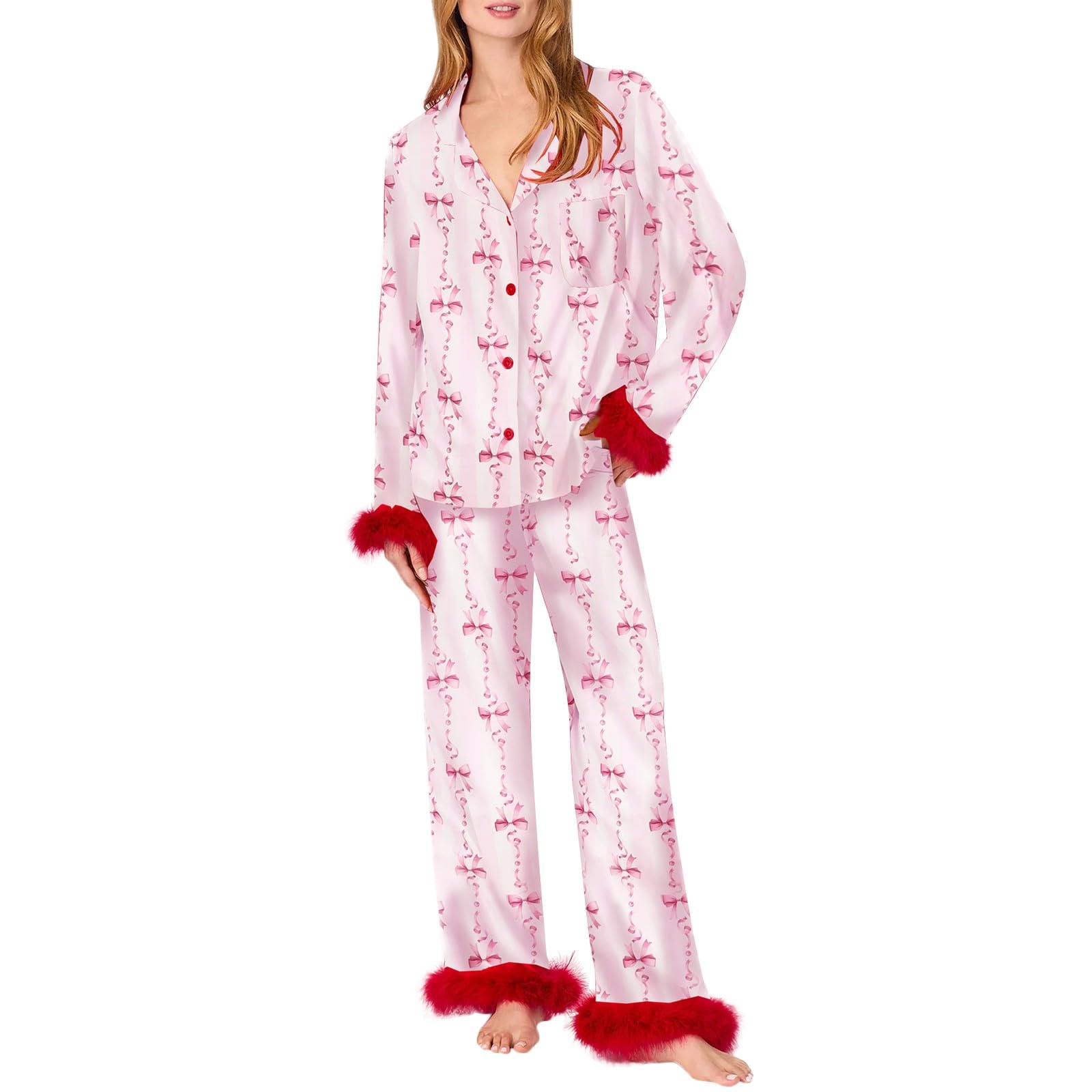 Women Set Heart Print Satin Trim Long Sleeve Shirt Pants Lustige Babysachen Mädchen Damen Schlafanzug Lang Pyjama Flanell Frottee Winter Zweiteiler Weihnachten Baumwolle Kuscheliger Sexy