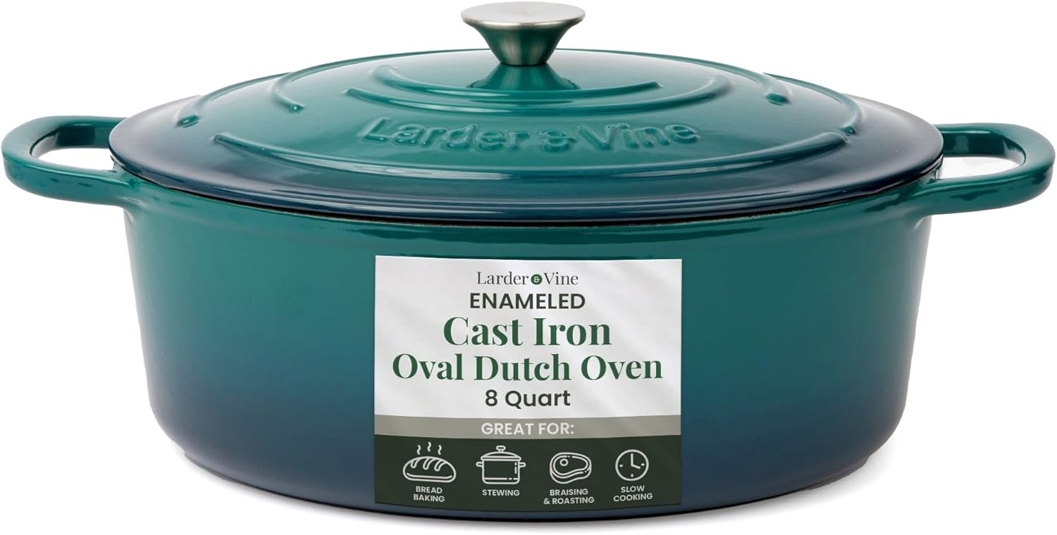 Larder & Vine Enameled Cast Iron 8 qt Dutch Oven Pot with Lid | Bread Baking | Compatible on All Cooktops & Oven Safe to 500° F | Great for Sourdough Bread | Bondi 8 QT Bondi