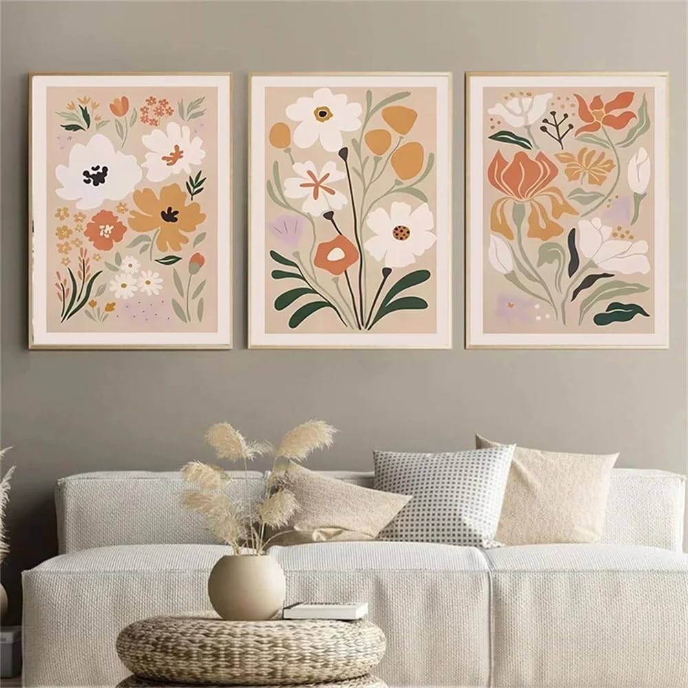 Wuhbcz White Art Pictures-Retro Abstract Flowers Leaves Plant Poster Flower Canvas Painting Nordic Modern Living Room Kitchen Office Wall Art Home Decor Pictures-50 * 70Cm/3Pcs (No Frame)