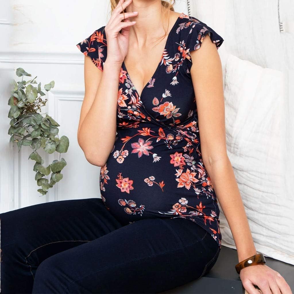 Fall Maternity Clothes Maternity Stripe Nusring Pregnant Blouse Short Sleeve Tops Printed V-Neck Women Maternity