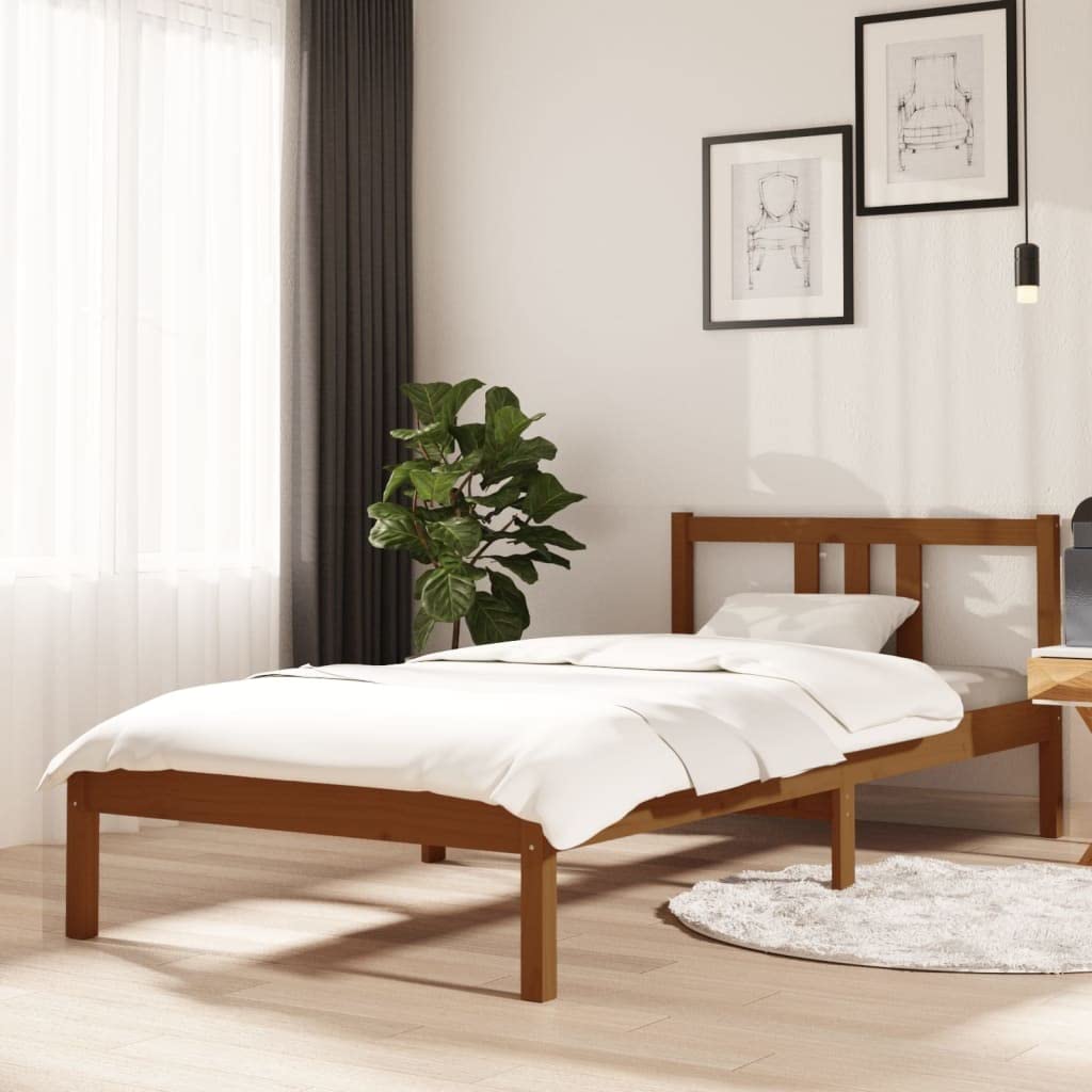 Lite sosnowe Rustykalny Zagłówek Brąz 90x200 cm | Rama łóżka pojedynczego, miodowy brąz, lite drewno sosnowe, 90 x 200 cm, z zagłówkiem, stabilna