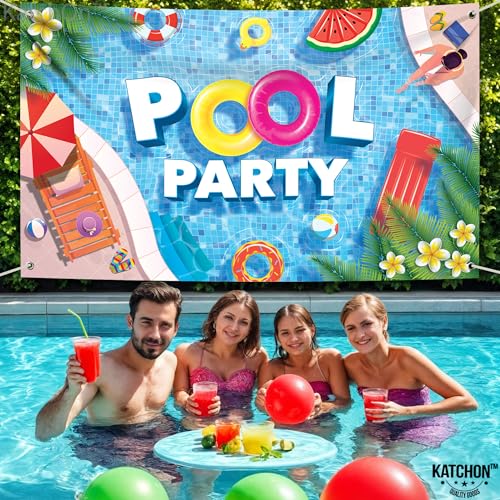 Image of KatchOn, XtraLarge Pool Party Banner - 72x44 Inch | Pool Party Banner, Pool Party Decorations | Summer Backdrop for Summer Party Decorations | luau, Summer Pool Birthday Party Decorations