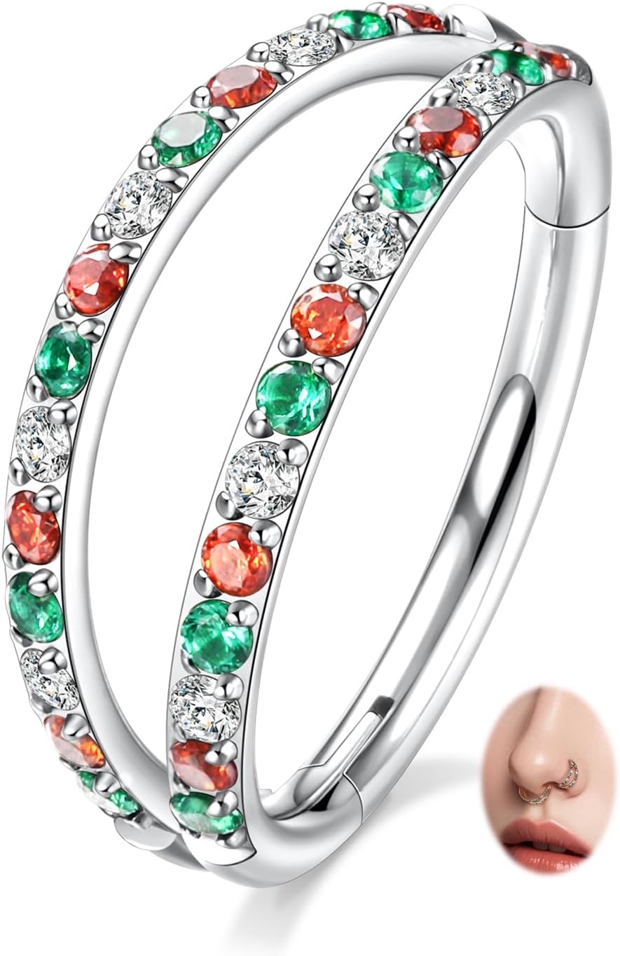 FUNLMO Nose Ring Hoop Septum Ring Conch Helix Daith Rook Tragus Cartilage Piercing Jewelry 316L Surgical Steel Christmas Colorful Cube Zircon