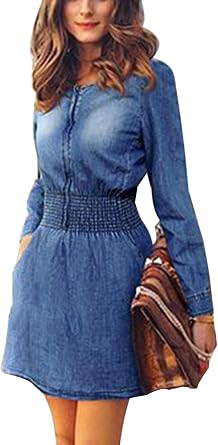 Minetom Moda Abito di Jeans Corto Gonna Maniche Lunghe Casuale Vestito dal  Denim Blu IT 50 : Amazon.it: Abbigliamento