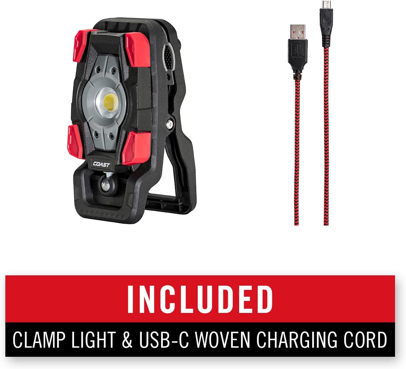 Image showing the Coast CL20R Clamp Light and the included 3M Black/Red USB-C Woven Charging Cord.