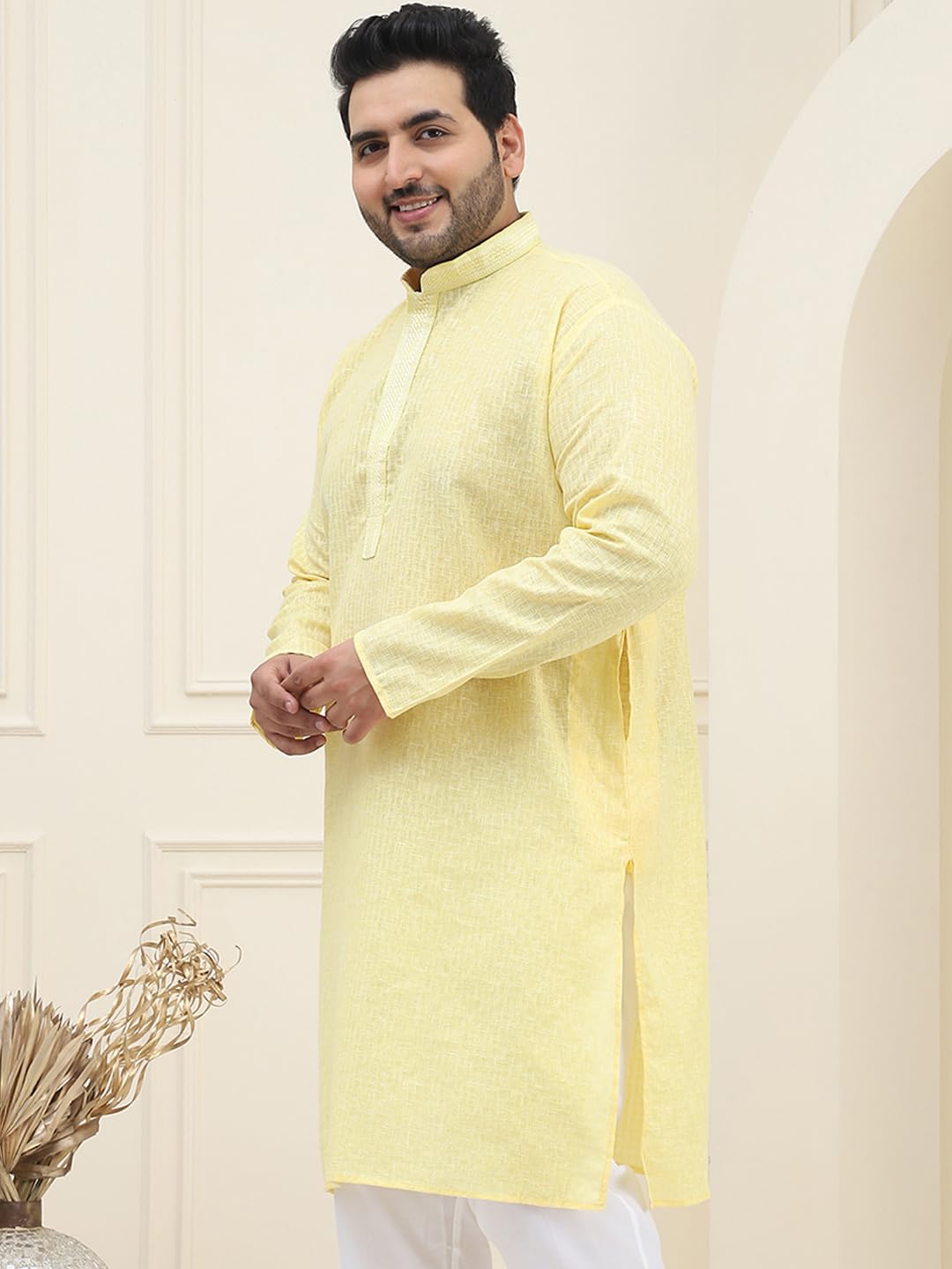 Sojanya Plus(Since 1958) Men's Cotton Yellow Checked Kurta