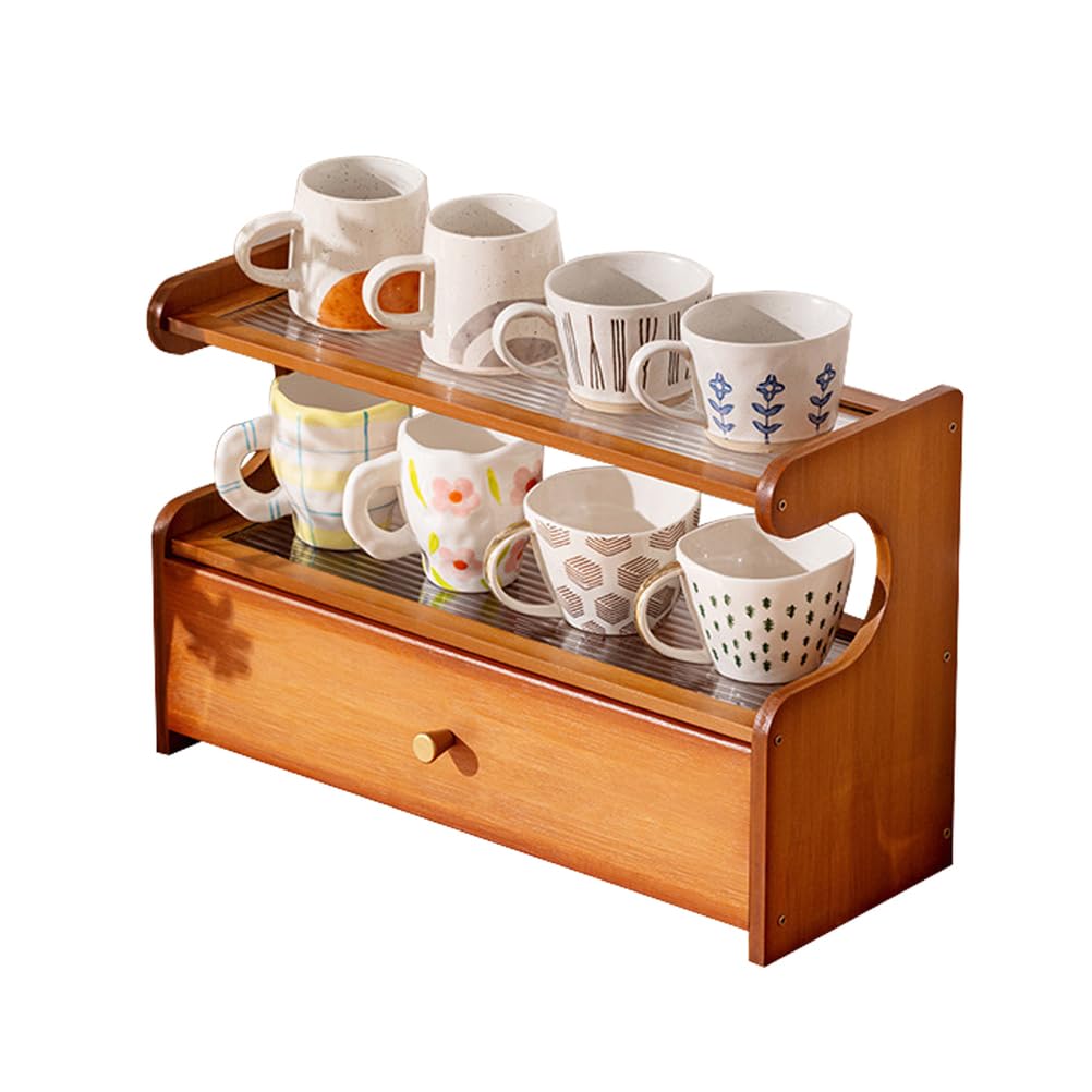 Uck-Kit Brown Coffee Mug Organizer Countertop, Bamboo Wood Mug Cup Holder Stand, K Cup Coffee Pod Drawer, Multifunctional Shelf Organizer For Accessories Station Kitchen,,2 Tier 50Cm