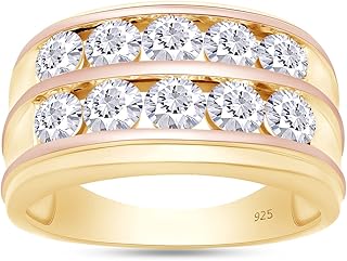 SAVEARTH DIAMONDS Round Cut Lab Created Moissanite Diamond Double Row Men's Two Tone Wedding Band Ring In 14K Gold Plated ...